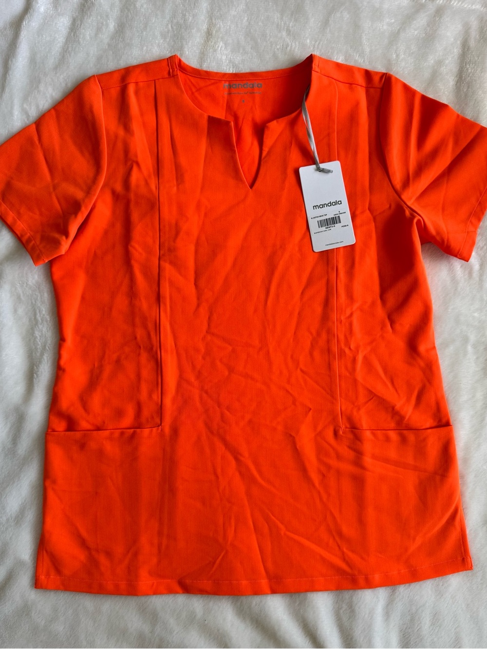 Mandala Women's Short Sleeve Notch Neck Top in Neon Orange Size Small